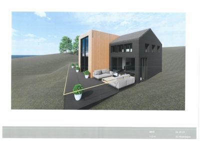 3D-visualisering av en moderne bolig med uteplass og møbler, sett fra en vinkel som viser fasade og terreng.