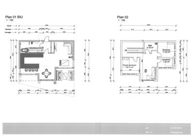 Bildet viser to etasjeplaner (Plan 01 BIU og Plan 02) med romfordeling, mål og arealoppdelinger.