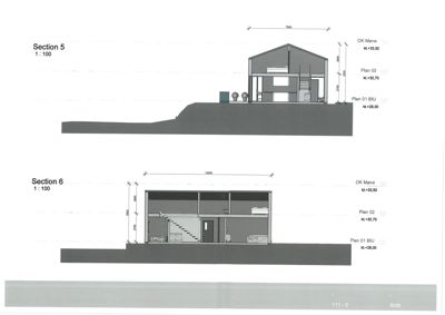 Snittegning (Section 5 og Section 6) som viser tverrsnitt gjennom bygningen med høydemål og nivåer.