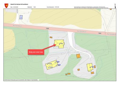 Kartutsnitt fra Norkart AS som viser etasjeplaner (T044, T042A-C, T040) og topografi for et område langs Aursfjordveien.