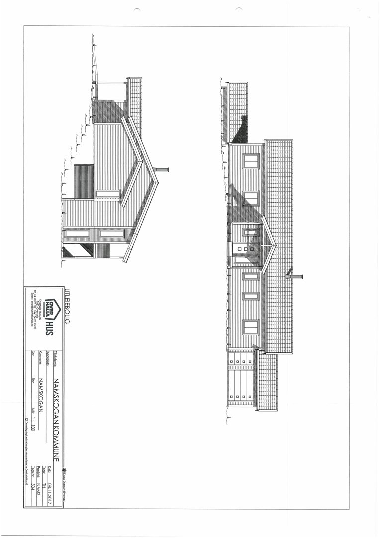Fasadetegning som viser bygningens utseende fra to ulike vinkler.