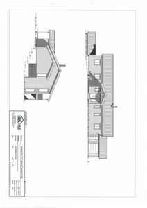 Fasadetegning som viser bygningens utseende fra to ulike vinkler.