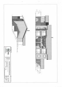 Fasadetegning som viser bygningens utseende fra utsiden, inkludert takform og vinduer.