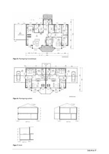 Bildet viser en side fra en byggesak som inneholder flere tegninger. Øverst er det en hovedplan (Figur 5), deretter en sokkelplan (Figur 6), og nederst er det snittegninger (Figur 7).