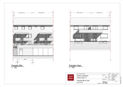 Tegning som viser fasadeoppsett for en bygning sett fra øst og vest, inkludert vinduer, balkonger og inngangsdører.