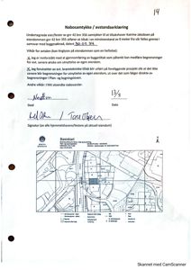 Bildet viser en 'Nabosamtak / avstandserklæring' med en underskriftsdel og en 'Basiskart' (situasjonsplan) nederst som viser eiendomsgranser og bygninger.