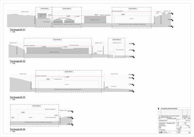 Tegning som viser fire forskjellige terrengsnitt (Terrengsnitt 01-04) for en byggesak, med høydeangivelser og beskrivelser av terrengforhold.