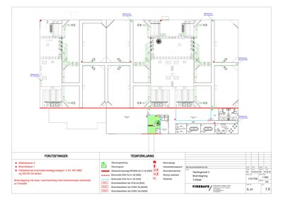 Etasjeplan (3. etasje) med brannkonsept, inkludert plassering av brannslukningsutstyr, sprinkleranlegg og brannvegger.