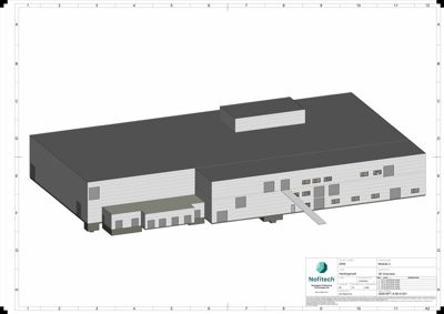 3D-visualisering av en industribygning (Hastingsveien) med visuell fremstilling av fasade, tak og volum.