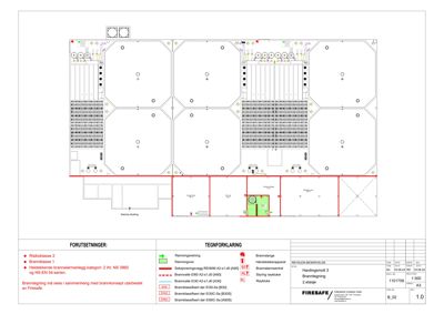 En brannplan (2. etasje) som viser plassering av brannslukningsutstyr, brannvesen og brannvesen i et bygg.
