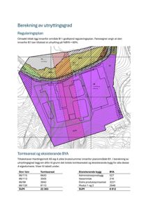 Situasjonsplan som viser et utvalgte tomteområder (B1) med overlappende reguleringsområder (farger) og eksisterende bygninger.
