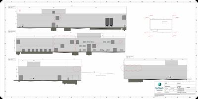 Fasadetegning som viser bygningens utseende fra ulike vinkler (front, side og bakside) med detaljer om vinduer, dører og takform.