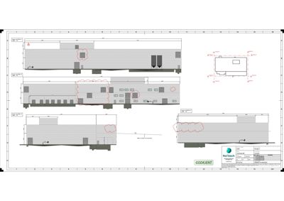 Fasadetegning som viser bygningens utseende fra utsiden, inkludert vinduer, dører og taklinjer.