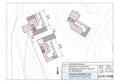 Situasjonsplan som viser plassering av campingenheter (C37, C38, C39) på tomt med angitte mål og arealer.
