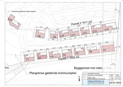 Situasjonsplan som viser eksisterende bebyggelse (C1-C14) fordelt på to parseller (Parsell 1 og Parsell 2) med angitte mål og grenser.