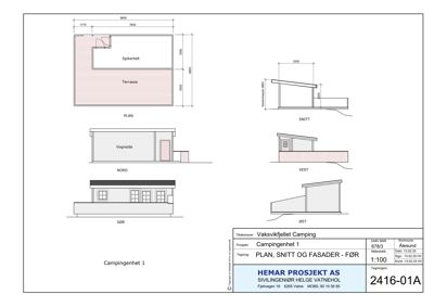 Fasadetegning (Nord, Sør, Vest, Øst) og snitt for en campingenhets forside.