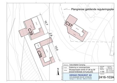 Situasjonsplan som viser plassering av campingenheter (C37, C38, C39) i forhold til plangrense og nabolag.
