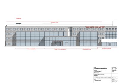 Fasadetegning av Thon Hotel Oslo Airport som viser bygningens utseende, vindusoppdeling og fasadeforhold.