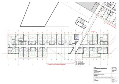 Etasjeplan for 2. etasje i Thon Hotel Oslo Airport som viser romfordeling, vegger og utvidelse av bygningen.