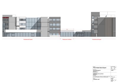 Fasadetegning som viser oppriss av bygningens vestside med eksisterende og nye deler.
