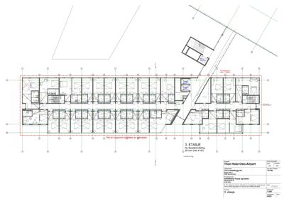 Etasjeplan for 3. etasje i Thon Hotel Oslo Airport som viser romfordeling, vegger og fasadeinndeling.