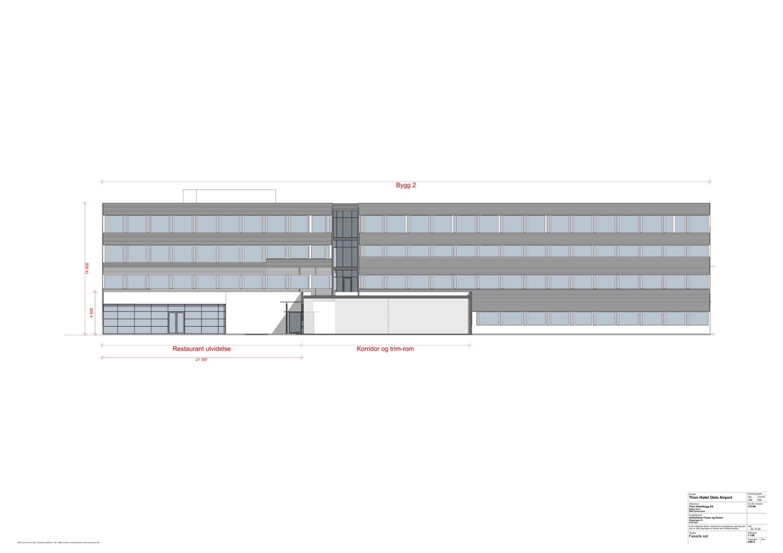 Fasadetegning som viser bygningens utseende fra fronten, med oppriss av vinduer, inngang og etasjer.