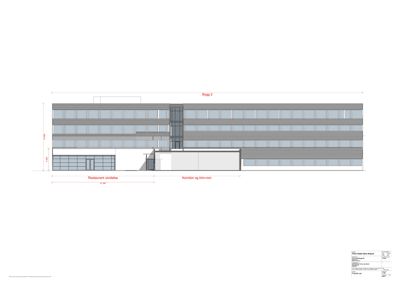 Fasadetegning som viser bygningens utseende fra fronten, med oppriss av vinduer, inngang og etasjer.