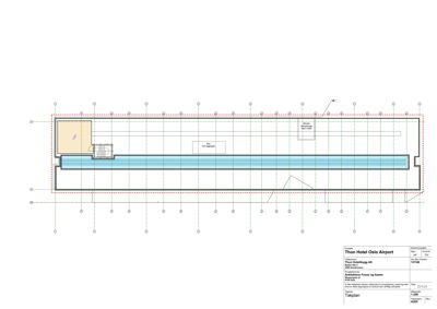Tegning som viser fasadeoppsettet for Thon Hotel Oslo Airport, inkludert takplan og detaljeringslinjer.