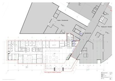 Etasjeplan som viser romfordeling, eksisterende og nybygd deler av et bygg, samt innredning.