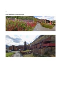 Fotografier av eksisterende bygninger sett fra gaten, inkludert en gateplan med 'Solheim' skrevet på asfalten.