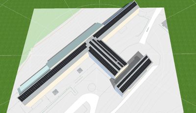 3D-visualisering av et bygg med solcellepaneler sett fra en høy vinkel.