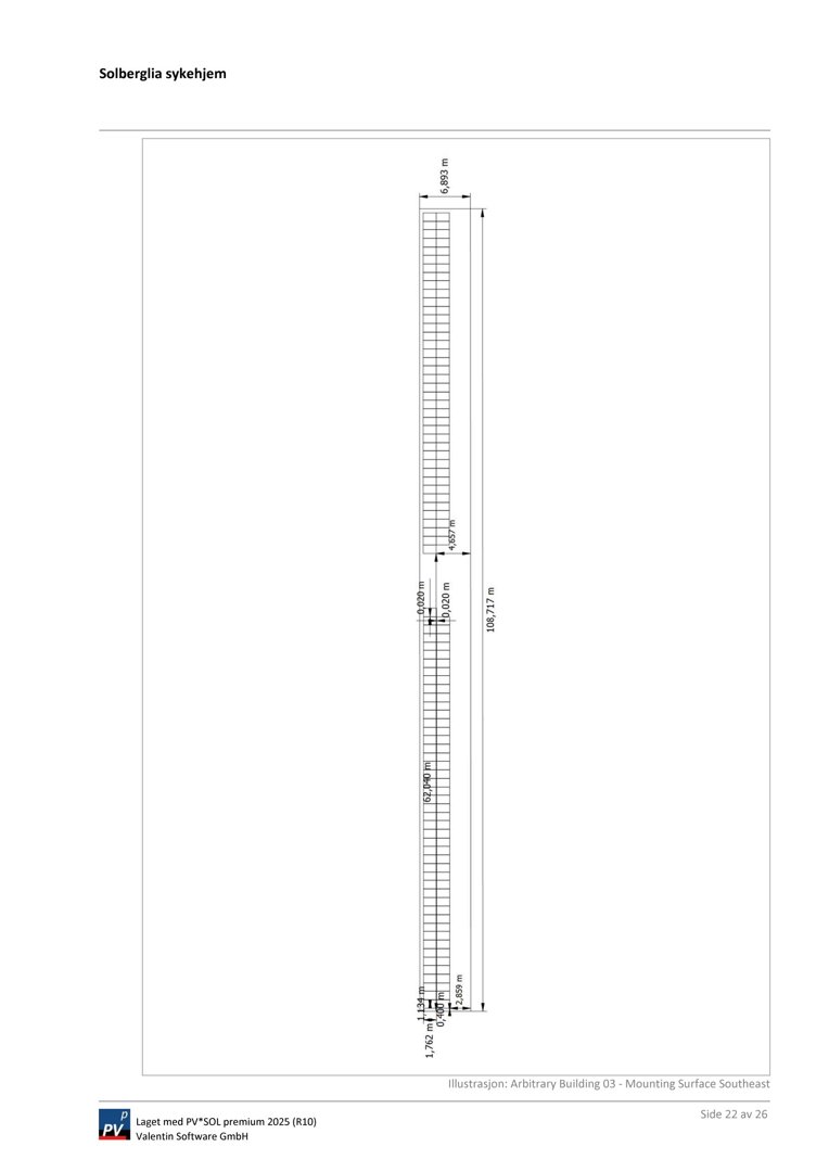 En 3D-visualisering eller illustrasjon av en solcellepaneloppsett på en bygning, med mål og dimensjoner.