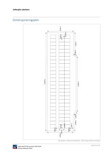 Dimensjoneringsplan for et solcellepanel (PV) på en bygning, med detaljerte mål og plassering.