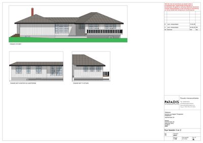 Fasadetegninger som viser bygningens utseende fra flere vinkler, inkludert tak og vindusoppsett.