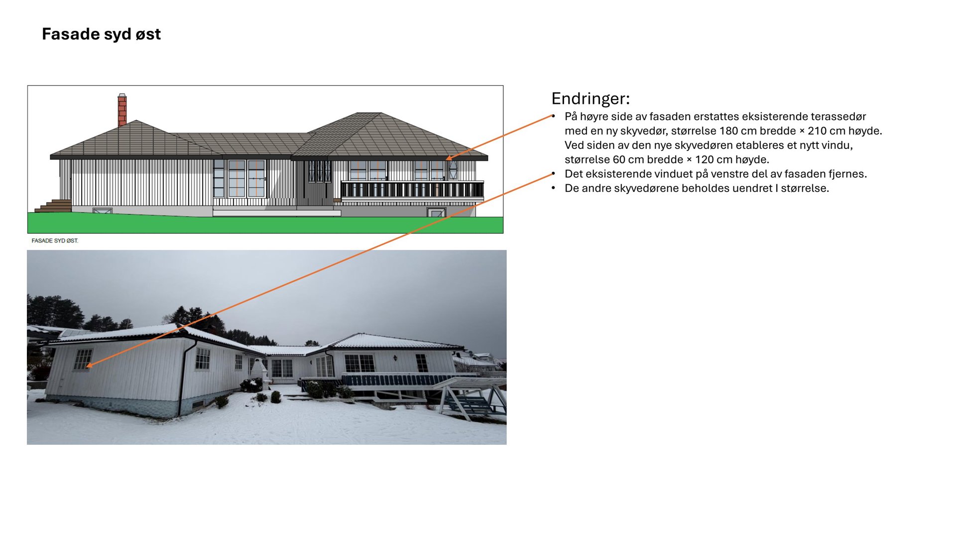 Fotografi av en eksisterende bygning med snø på bakken, sammenlignet med en tegning av den planlagte fasaden.