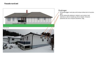 Bildet viser en fasadetegning av en bygning sett fra nord-øst, sammenlignet med et fotografi av den eksisterende bygningen. Teksten beskriver endringer i vinduer.