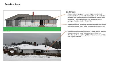Bildet viser en fasadetegning (opprikk) av bygningens sydvestside med detaljer om planlagte endringer, samt et referansefotografi under.