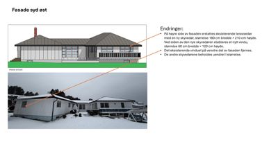 Fasadetegning av bygningen sett fra sydøst, med en tilhørende fotoforholdelse og liste over planlagte endringer.