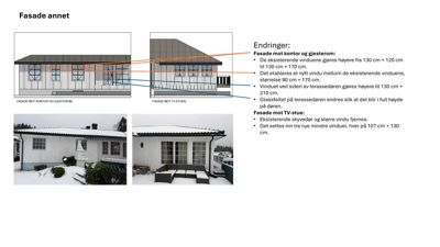 Fasadetegninger som viser endringer i vindusoppsettet for to ulike fasader, sammenlignet med eksisterende tilstand.