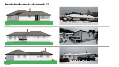 Bildet viser en sammenligning av fasadetegninger (venstre) og tilsvarende fotografier av eksisterende bygning (høyre) for å vise søknad versus realitet.