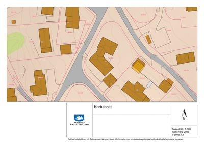 Kartutsnitt som viser eiendomsgrenser, vegnett og topografi i et nabolag.