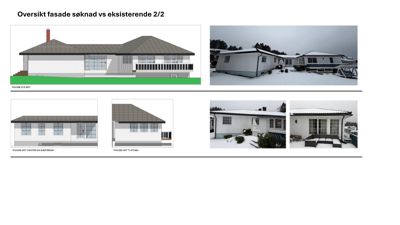 Bildet viser en sammenligning av fasadetegninger (venstre) og eksisterende bilder (høyre) for et hus.