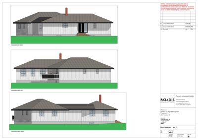 Bildet viser tre fasadetegninger av en bolig sett fra forskjellige vinkler (syd-vest, nord-øst, nord-vest).