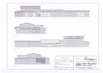 Fasadetegning som viser bygningens utseende fra fire ulike vinkler (Sør, Vest, Nord, Øst).