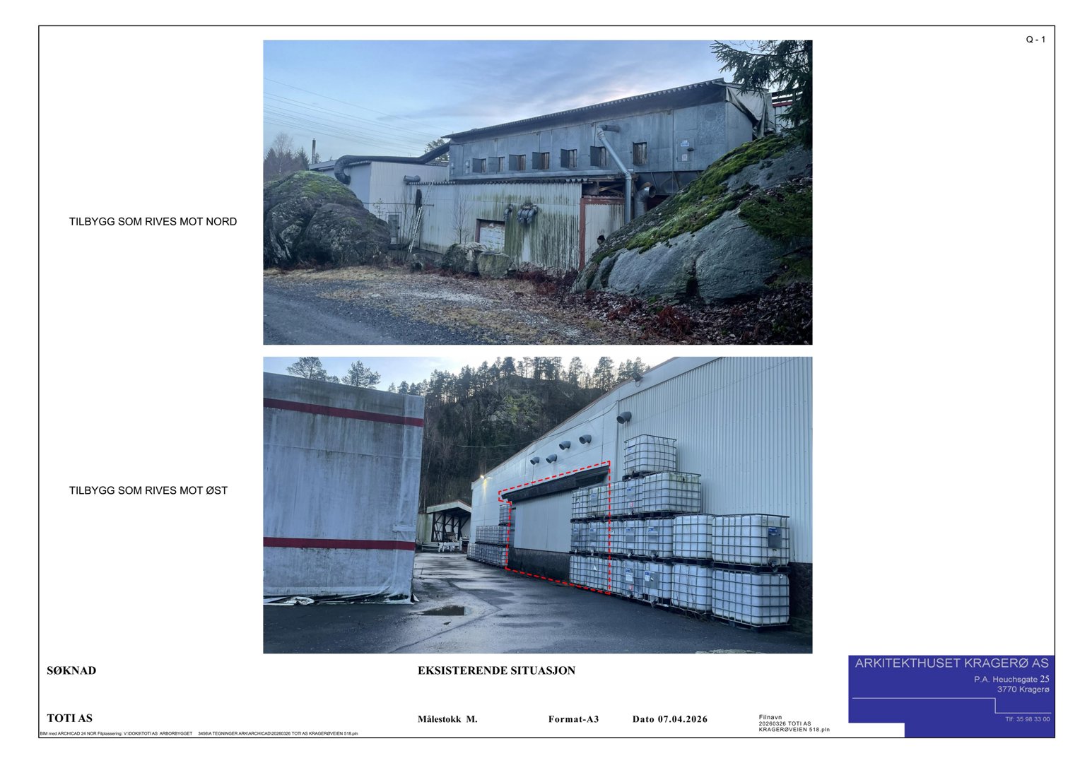 Fotografier av eksisterende bygninger og situasjon (tilbygg mot nord og øst) inkludert tegnet innslag.