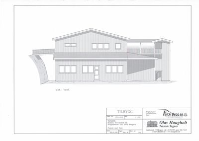 Fasadetegning som viser bygningens utseende sett fra vest.