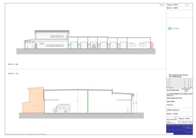 Snittegning (BYGG 1 - SNITT) som viser bygningens tverrsnitt, høyder, dører og vinduer.