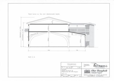 Snittegning (Snitt A-A) som viser bygningens tverrsnitt, høyder og forhold mellom eksisterende og nytt tak.
