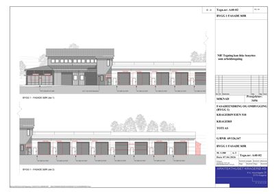 Fasadetegning som viser bygningens utseende fra siden, inkludert vinduer, dører og takform.