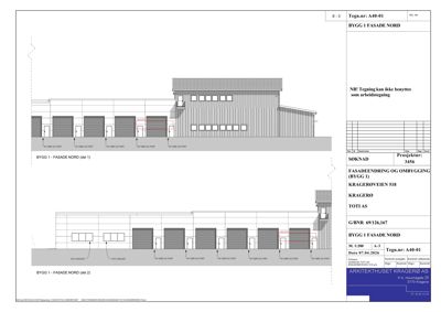Fasadetegning (opprikk) av en bygning sett fra nord, med detaljer om portplassering og konstruksjon.